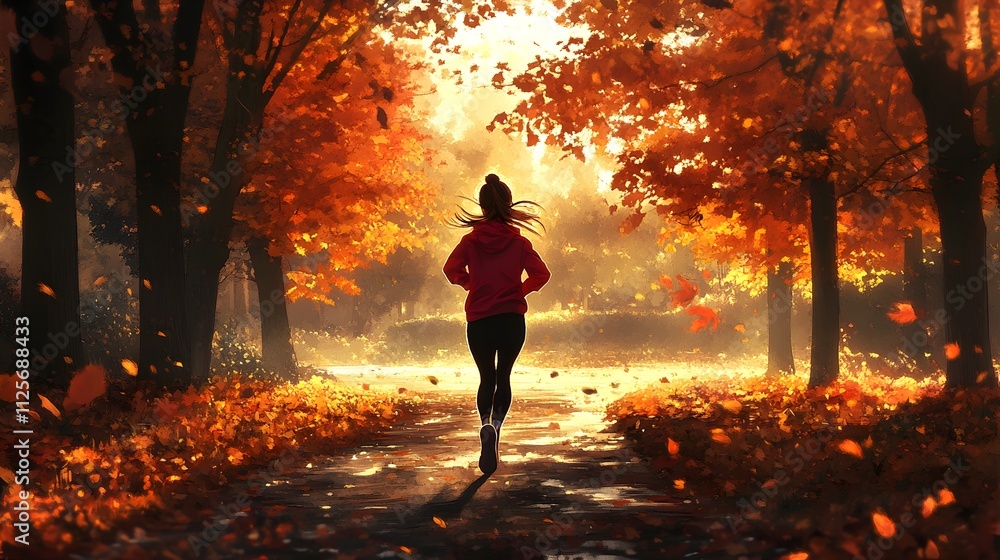 Fototapeta premium A young woman jogging through a vibrant autumn forest.