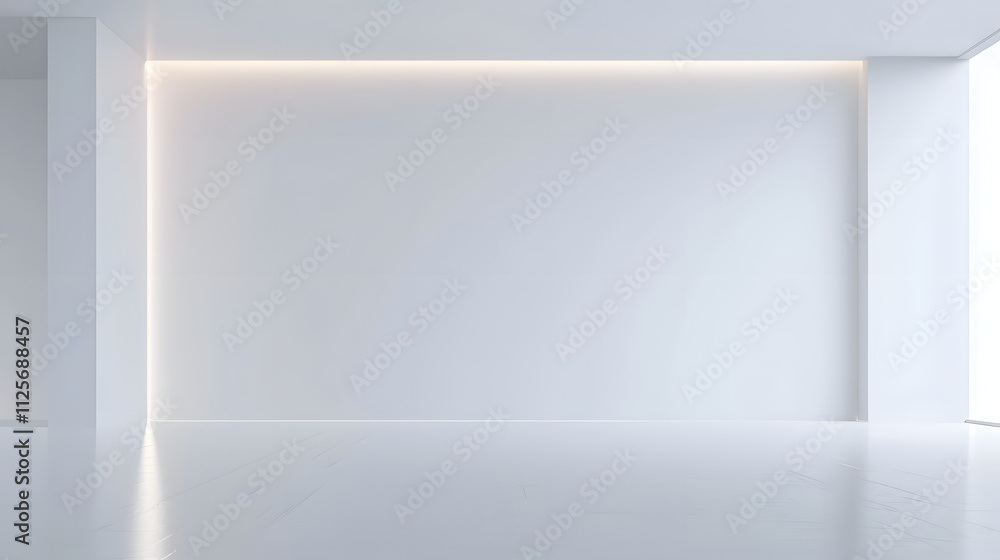 Minimalist white interior space with soft lighting, ideal for exhibitions or presentations. Minimalist white interior space with soft lighting, ideal for exhibitions or presentations.