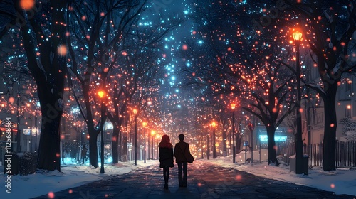 A romantic evening stroll through a snow-covered street illuminated by vibrant lights.