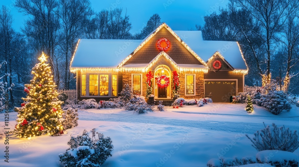 House with Christmas lights and decorations on winter night House with Christmas lights and decorations on winter night
