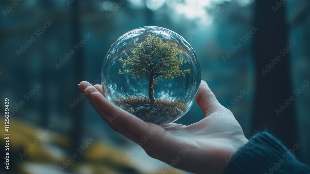Human hand holding glass ball with tree inside Human hand holding glass ball with tree inside