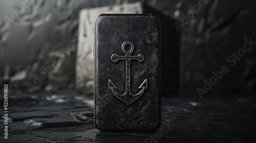 A sleek phone case featuring an engraved anchor on a dark, textured surface. The bold contrast and maritime theme add a stylish touch to the modern accessory. AI generated. photo