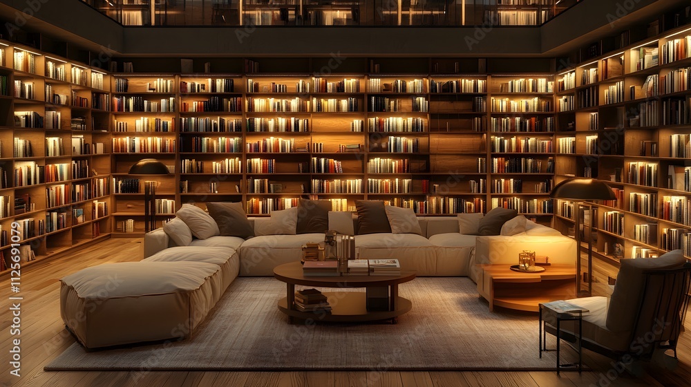 Cozy modern library featuring warm lighting and a comfortable seating area. Cozy modern library featuring warm lighting and a comfortable seating area.