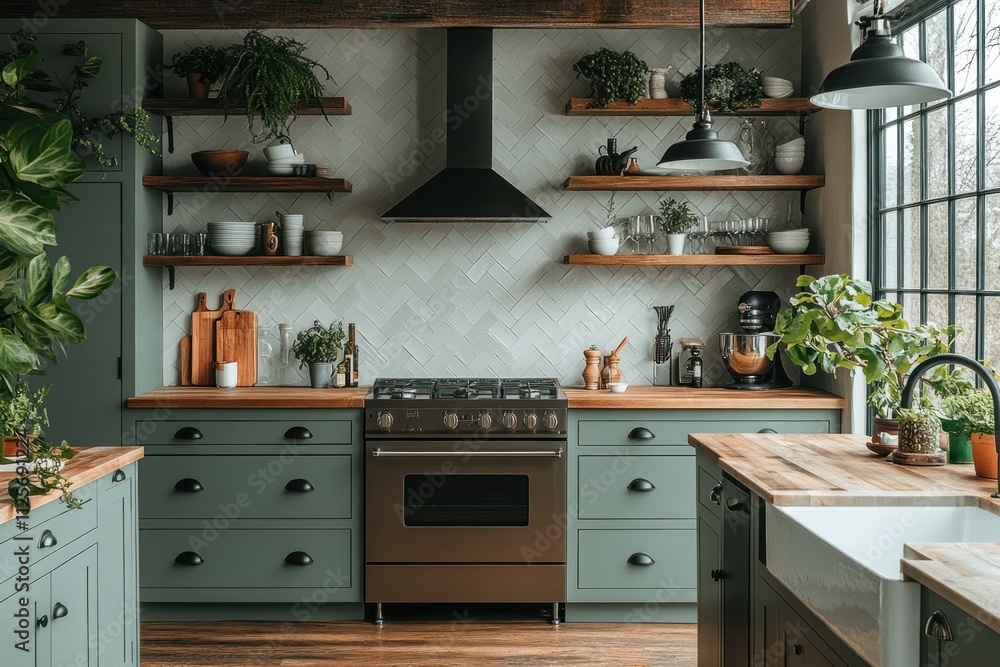 Farmhouse kitchen with green cabinets, wooden shelves, and herringbone tile backsplash. Farmhouse kitchen with green cabinets, wooden shelves, and herringbone tile backsplash.