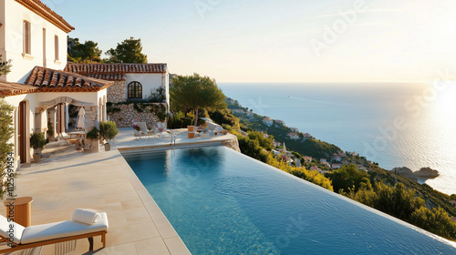 A luxurious Mediterranean villa perched on a hill featuring a sparkling pool