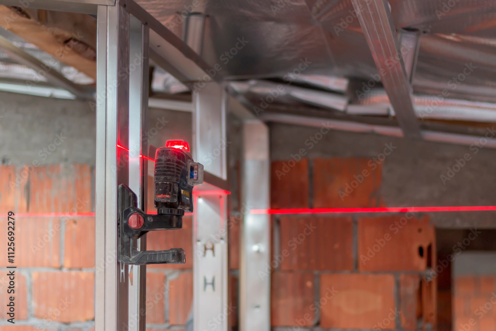 Using a laser to mark the outlines on the floor and transfer them to the walls and ceiling for accurate construction measurement and alignment. Modern tools for construction Using a laser to mark the outlines on the floor and transfer them to the walls and ceiling for accurate construction measurement and alignment. Modern tools for construction