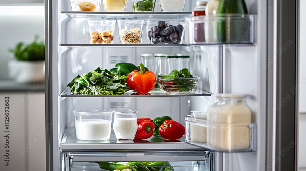 A close-up view of a refrigerator interior featuring fresh produce A close-up view of a refrigerator interior featuring fresh produce