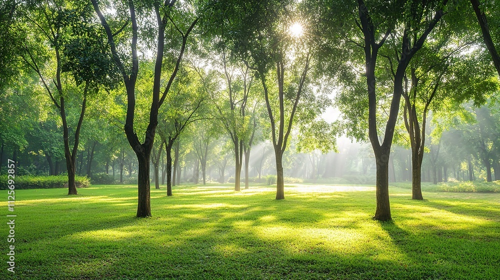 Misty Morning in the Forest with Soft Light Filtering Through Trees Misty Morning in the Forest with Soft Light Filtering Through Trees