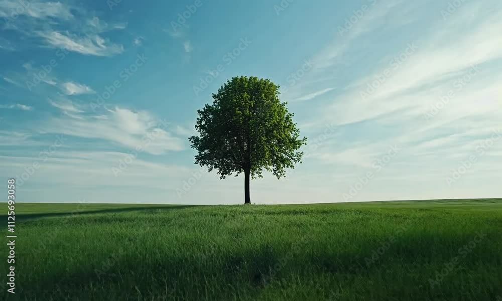 Solitary Tree in a Verdant Field Under a Tranquil Sky Solitary Tree in a Verdant Field Under a Tranquil Sky