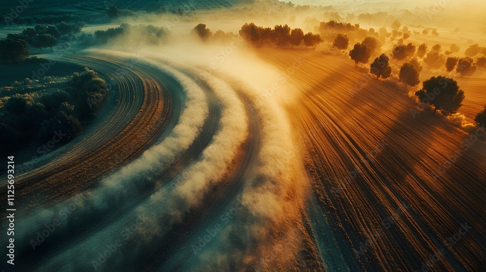 Fototapeta premium Aerial view of winding dirt road through a golden sunrise landscape.