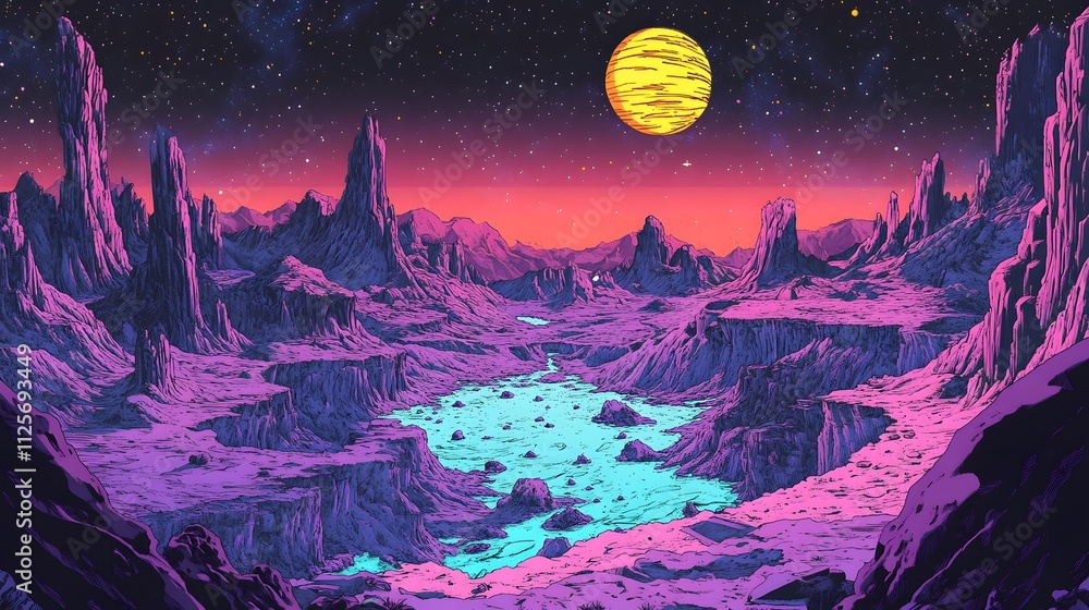 Fototapeta premium Surreal alien landscape with vivid colors, featuring towering mountains and a glowing lake.