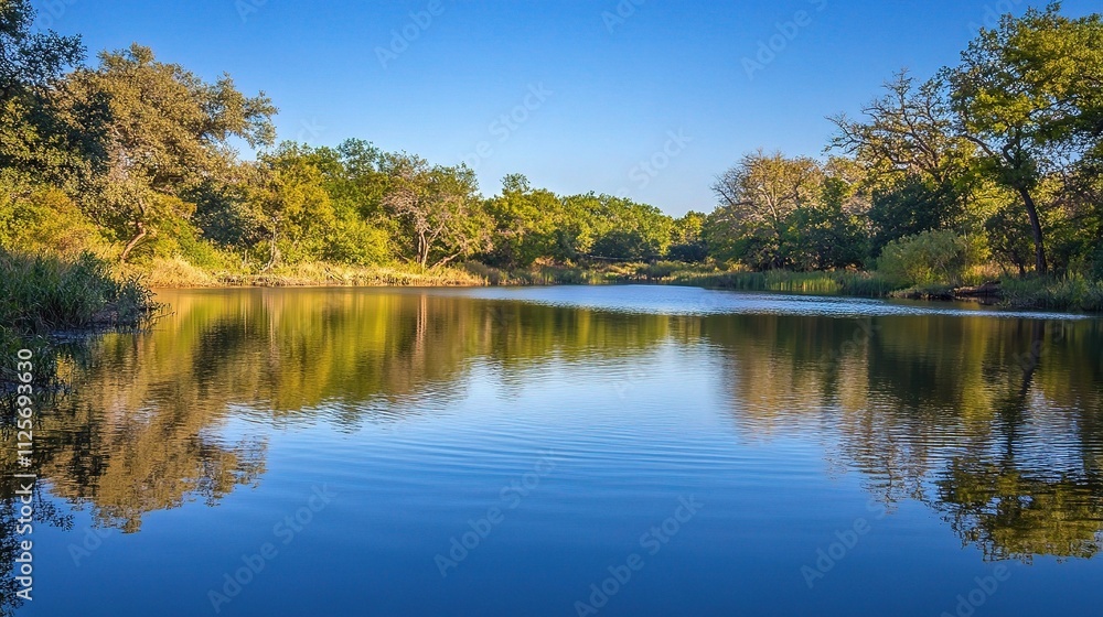 Serene Lake with Gentle Waves Reflecting Lush Greenery and Sky Serene Lake with Gentle Waves Reflecting Lush Greenery and Sky
