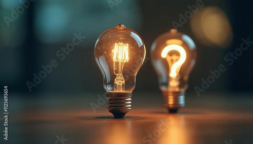 Focused shot of a question mark integrated with a bulb, leaning against a light bulb, illuminated by a soft glow, the blurred environment emphasizes the idea of discovery and answers