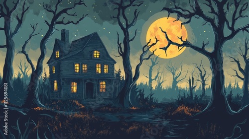 Illustration of a Horror halloween, haunted old house in creepy spooky Night forest with dead trees photo