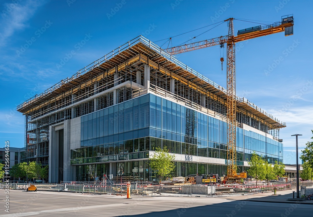 Obraz premium Modern glass office building under construction with a crane, showcasing progress and development in urban architecture.