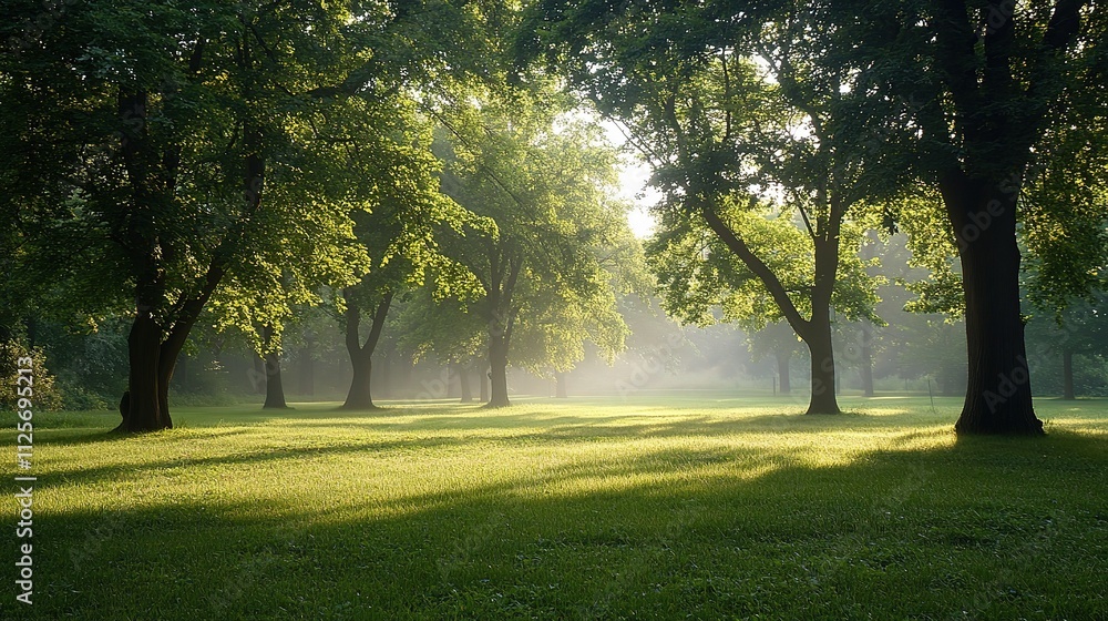 Lush Green Trees in Soft Morning Light Within Nature Landscape Lush Green Trees in Soft Morning Light Within Nature Landscape