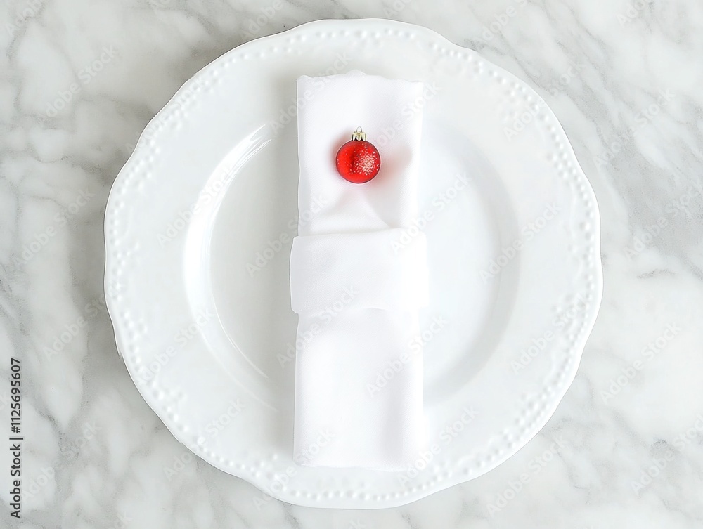 White plate, elegant folded napkin, red Christmas ornament, festive dining table decoration, holiday season concept White plate, elegant folded napkin, red Christmas ornament, festive dining table decoration, holiday season concept