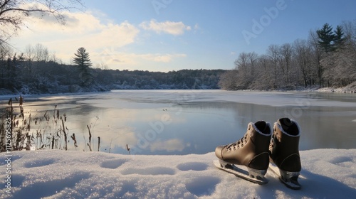 A serene winter scene featuring ice skates by a frozen lake surrounded by snow-covered trees.