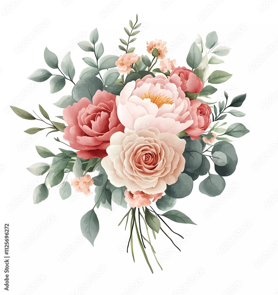 Floral bouquet design, featuring peonies and roses with greenery and eucalyptus, vector illustration, white background, in soft pink tones Floral bouquet design, featuring peonies and roses with greenery and eucalyptus, vector illustration, white background, in soft pink tones