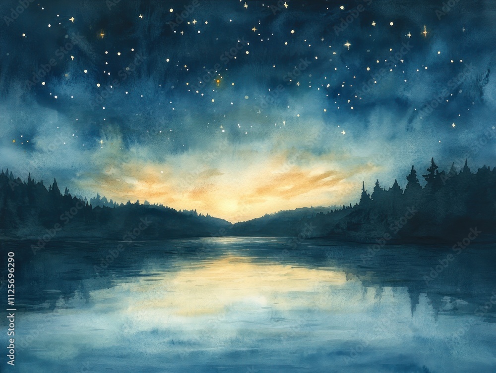 Fototapeta premium Starry night sky over calm lake, forest silhouette.