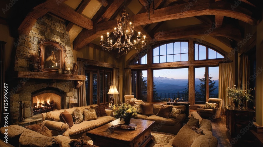 Luxurious mountain lodge living room with stone fireplace, large windows, and wooden beams. Luxurious mountain lodge living room with stone fireplace, large windows, and wooden beams.