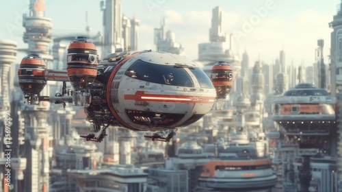 Futuristic spaceship in urban landscape sci-fi theme digital art high-tech environment aerial view innovation concept photo