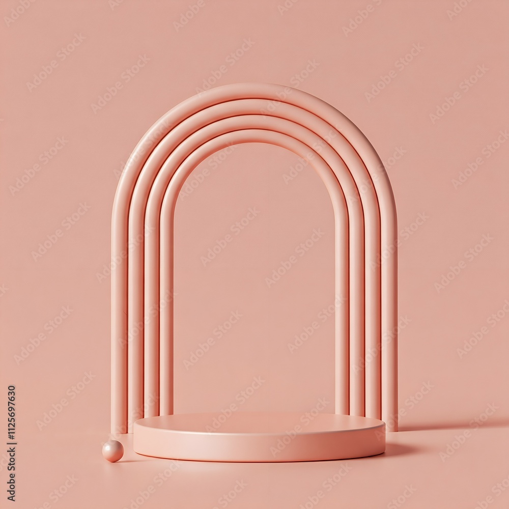 Minimalist pink 3D podium with arch backdrop and a small sphere on the left side. Minimalist pink 3D podium with arch backdrop and a small sphere on the left side.