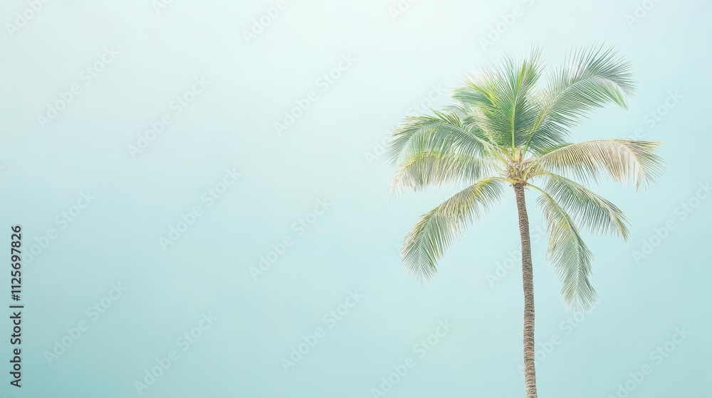 Fototapeta premium A serene palm tree against a soft, hazy background evokes a calm, tropical atmosphere.