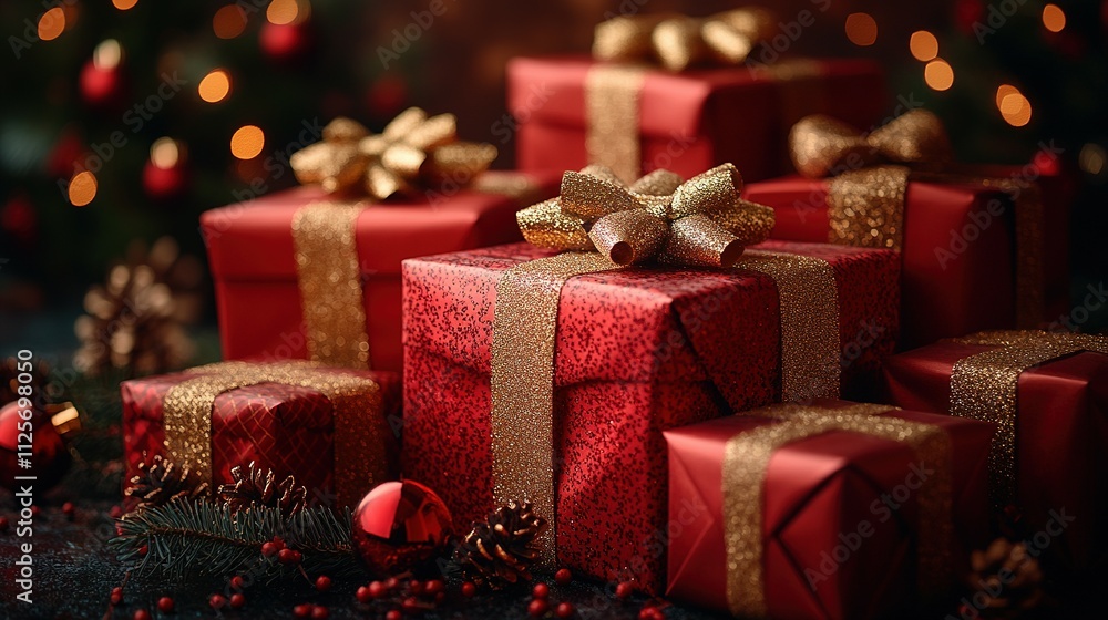 Red Christmas Gifts Wrapped In Gold Ribbon Red Christmas Gifts Wrapped In Gold Ribbon
