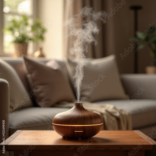 Wooden aromatherapy diffuser on table in cozy living room with plants.Relaxation. Warmth. Inner balance.Interior posters, home decor ads, wellness campaigns, product promotions.humidifier.


