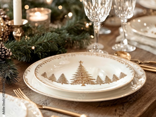  Festive Table Setting with Christmas-Themed Plate and Golden Accents.Gathering. warmth. celebration of togetherness.Holiday dinner menu, event flyer, gift catalog, seasonal banner, festive inspiratio photo