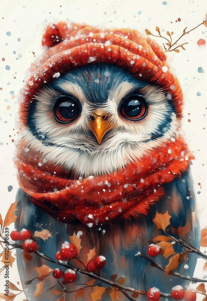 Obraz premium Watercolor Christmas owl on a greeting card.