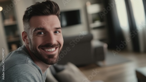 Man with a beard and a smile is sitting on a couch