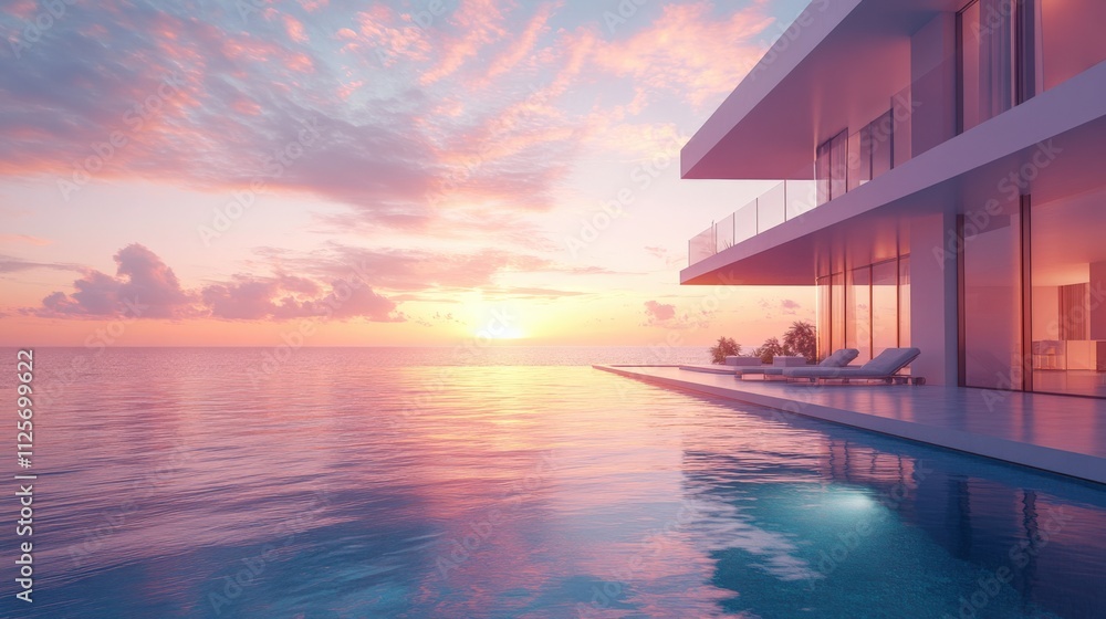 Stunning Sunset Over Modern Waterfront Villa Stunning Sunset Over Modern Waterfront Villa