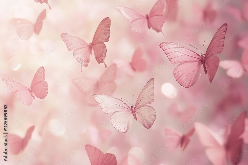 Fototapeta premium A serene scene of pink butterflies fluttering in a soft, dreamy background.