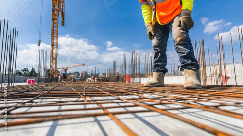 Construction worker inspecting steel reinforcement mesh on site