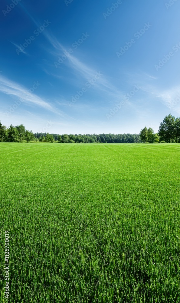 Obraz premium Lush Green Field Under Blue Sky with Wispy Clouds and Tree Line in Bright Natural Landscape Setting