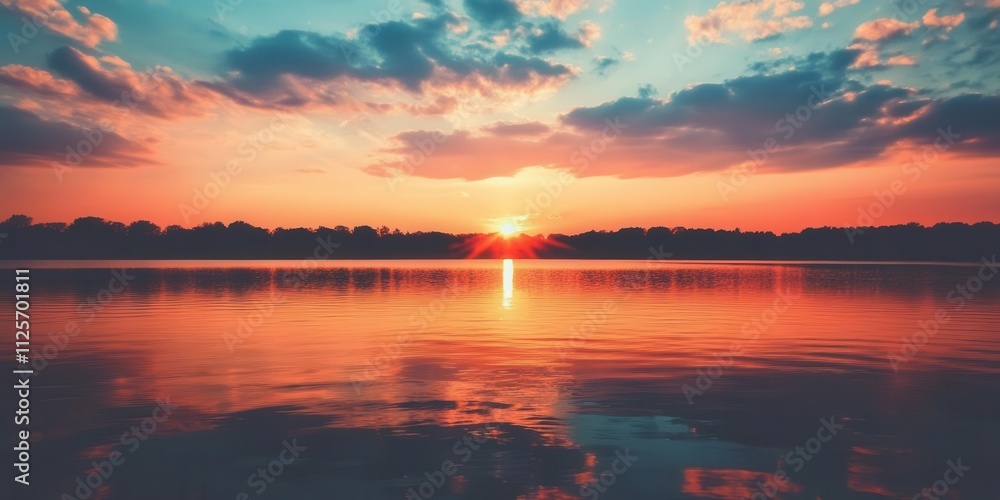 A serene sunset over a calm lake, reflecting vibrant colors in the water. A serene sunset over a calm lake, reflecting vibrant colors in the water.