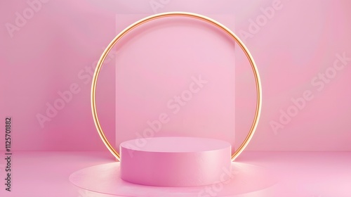 Pink podium with gold ring on pink background.