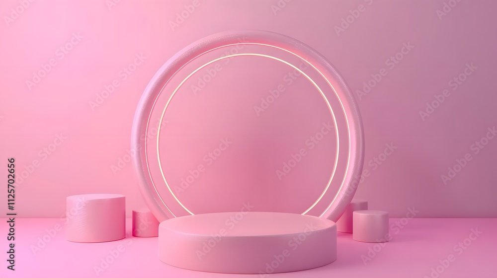 Pink Cylinder Podium with Large Circle and Two Small Cylinders in the Front. Pink Cylinder Podium with Large Circle and Two Small Cylinders in the Front.