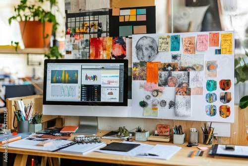 Wallpaper Mural A minimalist workspace reveals a blend of creative displays and organized artistic materials, fostering an environment for inspiration and focus. Generative AI Torontodigital.ca