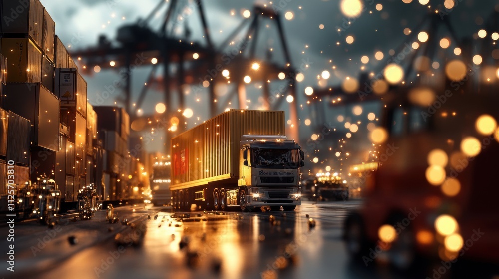 Fototapeta premium Industrial transport action container trucking at busy port urban setting dynamic viewpoint logistics efficiency concept