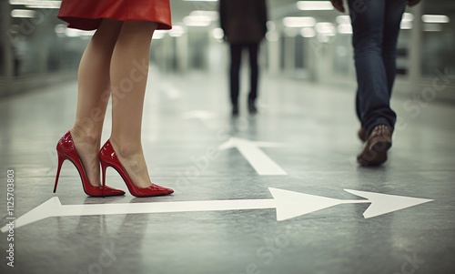 Woman's Red Heels at Crossroads, Decision, Choice, Path