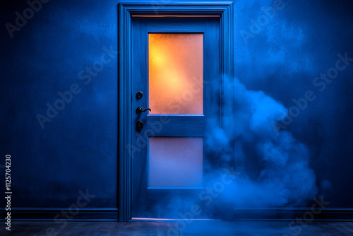 A frosted door slightly ajar, with soft, diffused light glowing through, creating a serene and calming environment. The muted light and soft shadows give the image a peaceful, ethereal feeling photo