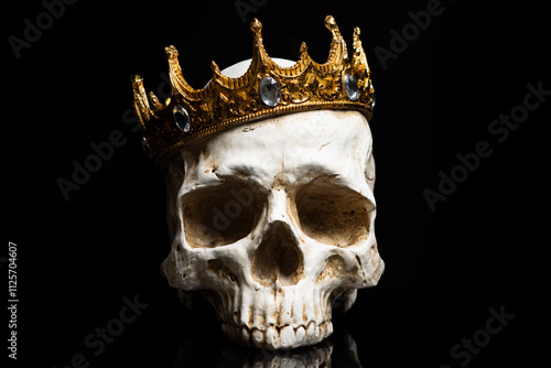 Foto An isolated front view of the skull of a king or queen monarch wearing a golden crown on a pain black background