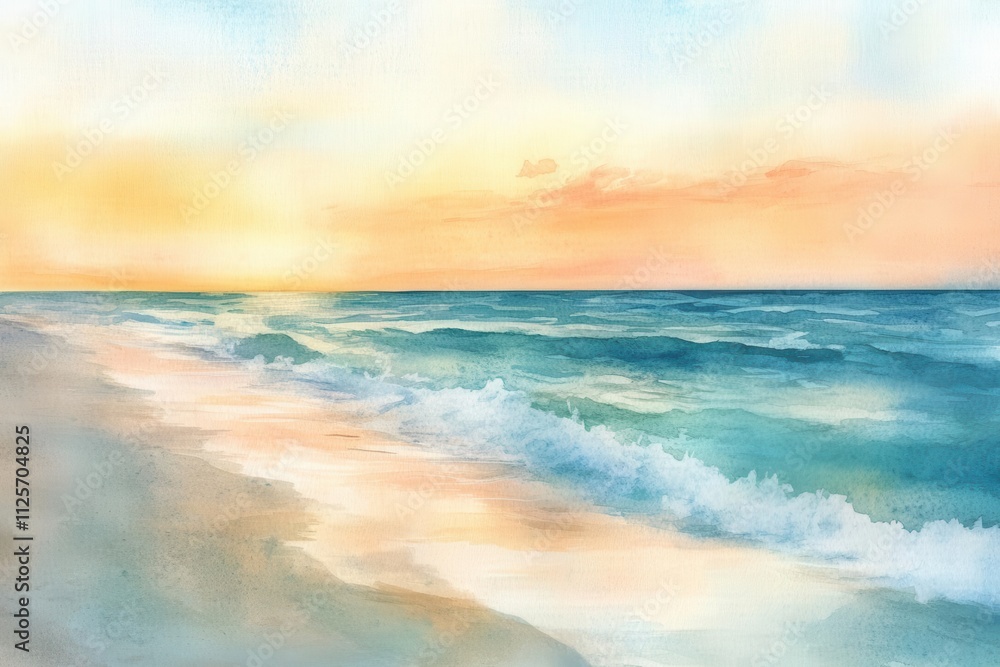 A serene watercolor landscape depicting a beach at sunset with gentle waves and soft colors. A serene watercolor landscape depicting a beach at sunset with gentle waves and soft colors.