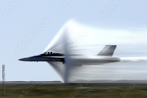 Jet fighter breaking sound barrier creating vapor cone effect.