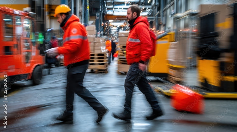 Warehouse operations efficient workers in action industrial facility photography busy environment dynamic viewpoint teamwork concept