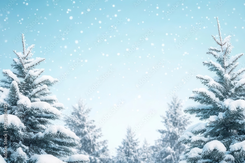 A serene winter landscape with snow-covered trees and falling snowflakes against a blue sky. A serene winter landscape with snow-covered trees and falling snowflakes against a blue sky.