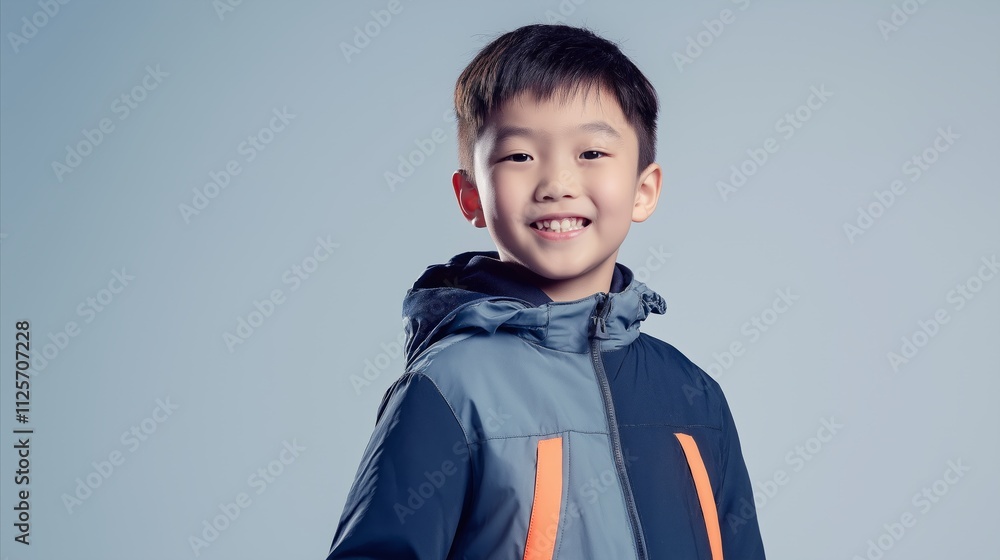 Boy wearing a blue jacket with orange trim Boy wearing a blue jacket with orange trim